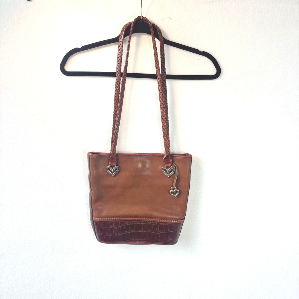 Brighton Vintage Brown Leather Tote Bag Croc Embossed Heart Hardware 535628